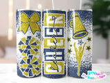 Cheer Glitter 20 oz Skinny Tumbler png Design - Navy Blue and Yellow