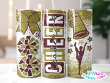 Cheer Glitter 20 oz Skinny Tumbler png Design -  Gold and Maroon