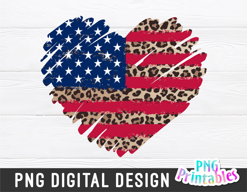 Leopard Print American Flag Heart | Fourth of July | PNG Sublimation File