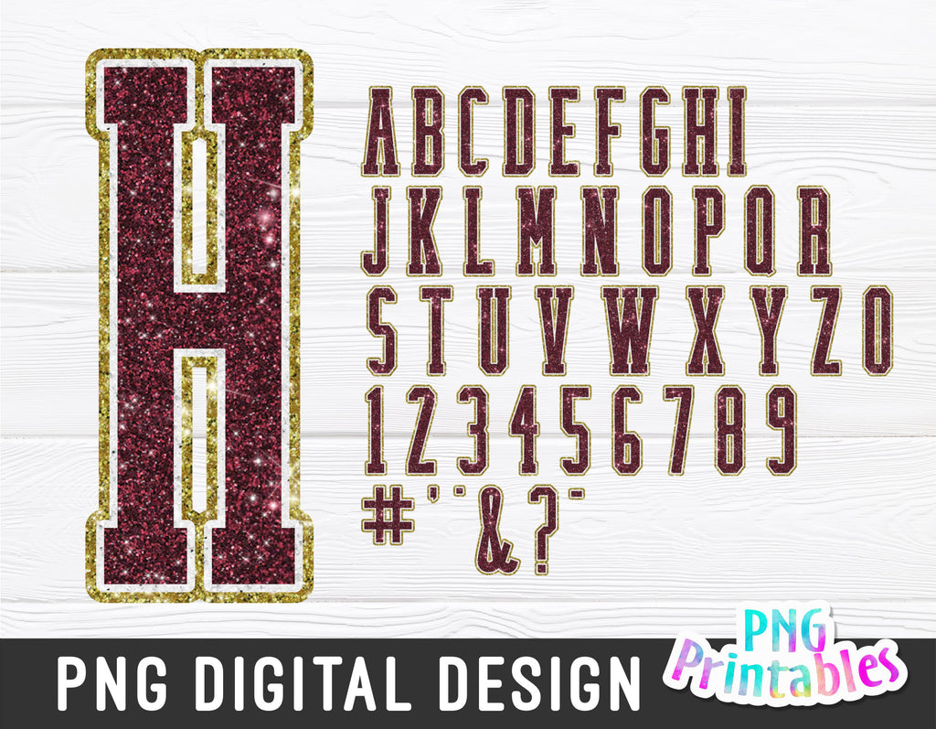 Glitter Tall Sport Alphabet png - Maroon White and Gold