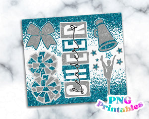 Cheer Glitter 20 oz Skinny Tumbler png Design - Aqua and Silver
