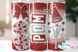 Pom Cheer Glitter 20 oz Skinny Tumbler png Design -  Red and Silver