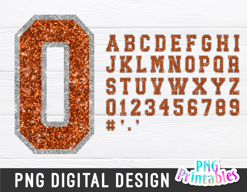 Glitter PNG Alphabet | Orange and Silver