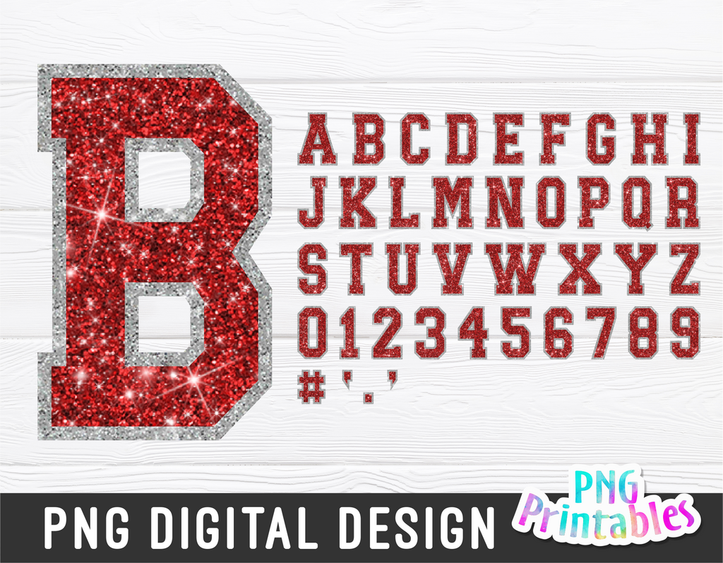 Glitter PNG Alphabet | Red and Silver