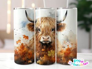 Fall Highland Cow 20 oz Skinny Tumbler png Design - Sublimation Tumbler Wrap