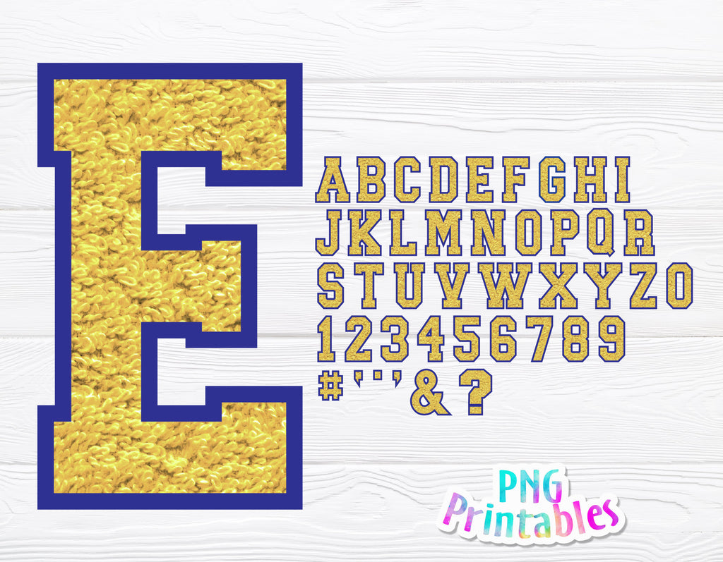 Chenille Alphabet png - Old Gold with Royal Blue Outline Alphabet